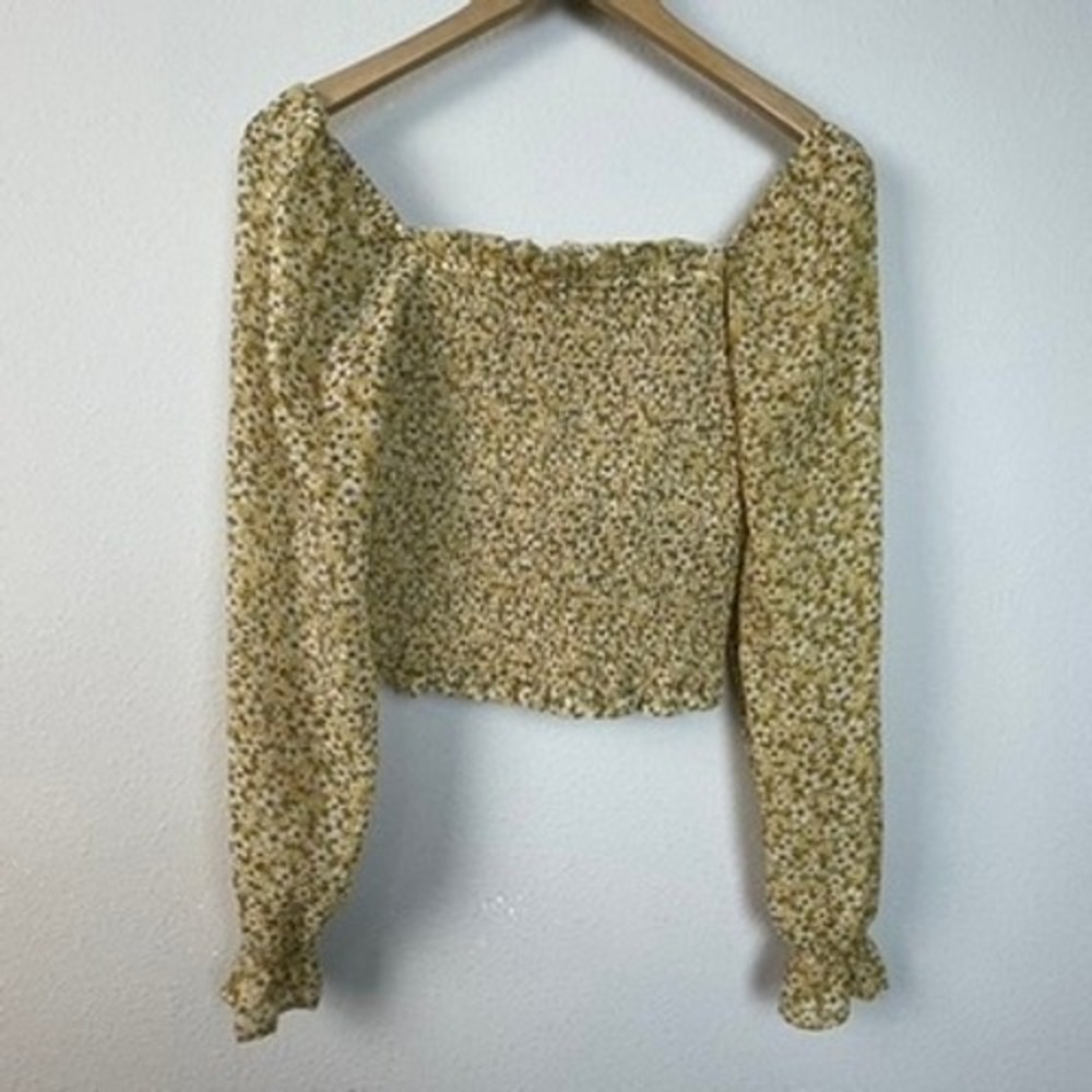 Japna Floral Smocked Square Neck Crop Top Yellow‎ Long Sleeve Women Size M